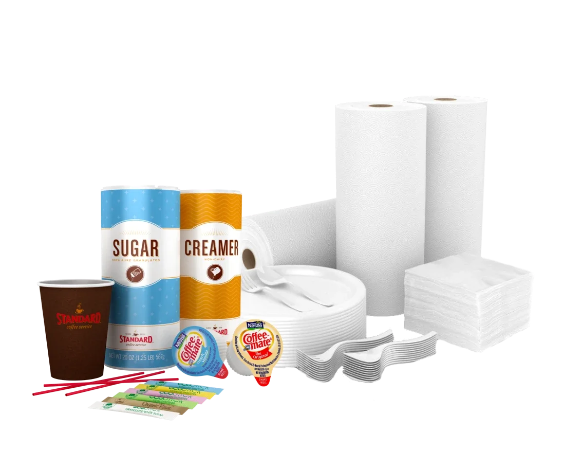 Primo Water Breakroom Supplies including Coffee Cups, Sugar, Coffee Creamer, plastic utensils, and paper plates and towels.